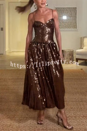 Enchanted Night Sequin Low-cut Corset Balloon Hem Slip Midi Dress