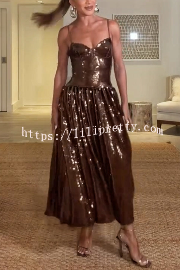 Enchanted Night Sequin Low-cut Corset Balloon Hem Slip Midi Dress