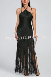Sexy Halterneck Open Back Elegant Tassel Slim Maxi Dress