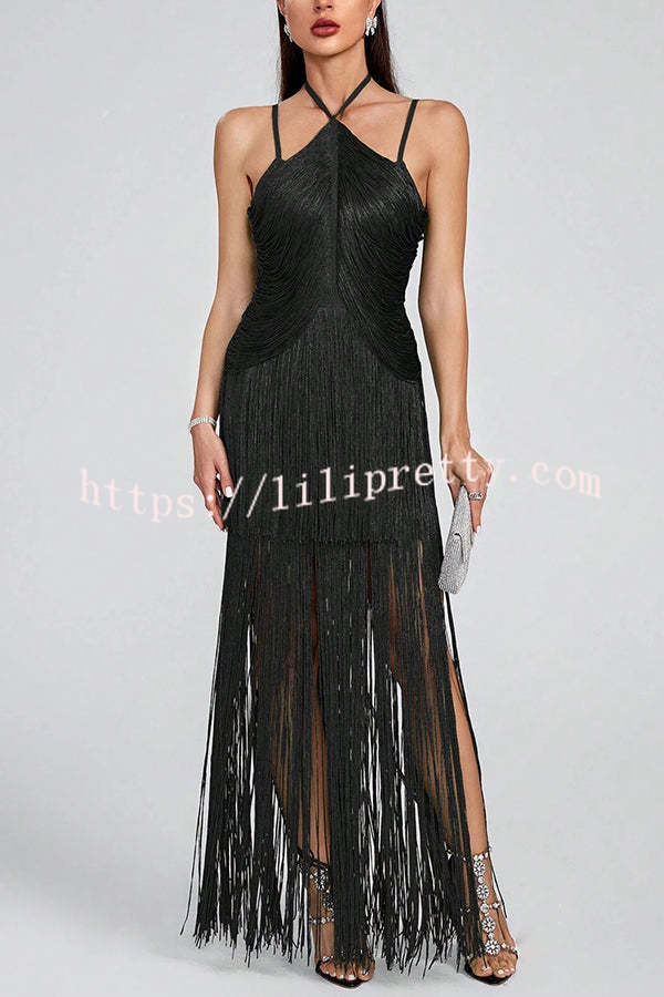 Sexy Halterneck Open Back Elegant Tassel Slim Maxi Dress