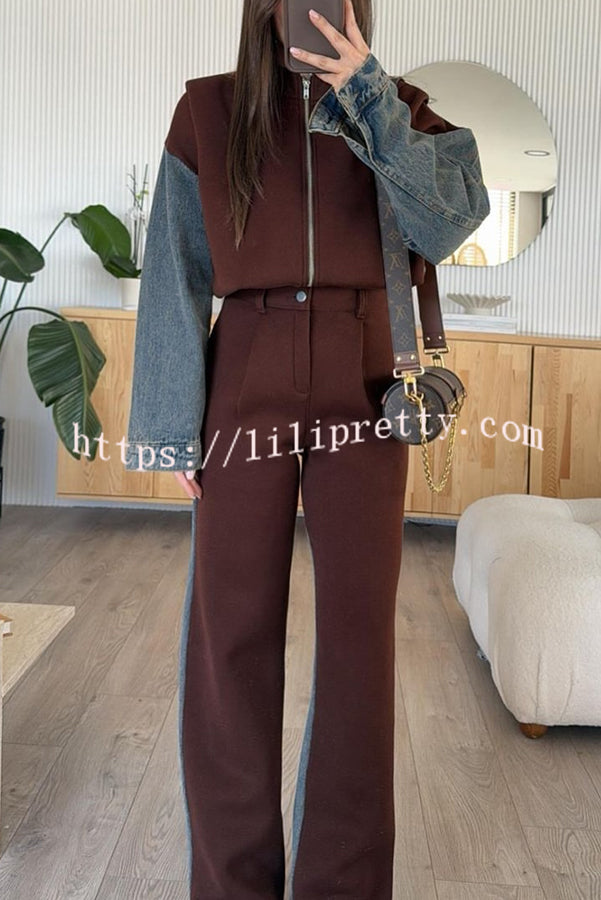Sports Fashion Denim Patchwork Sweatshirt Fabric Zipper Long Sleeve Loose Jacket