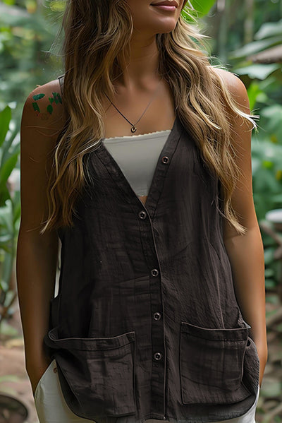 Linen Blend Loose V-neck Sleeveless Pocket Casual Vest