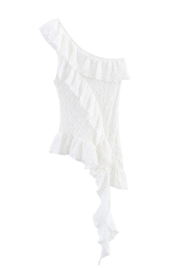 Solid Color Lace One Shoulder Ruffled Slim Fit Top