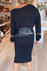 Winston Faux Leather Patchwork Wide Belt Design One Shoulder Stretch Midi Dress