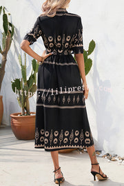 Tranquil Time Ethnic Print Button Belted Shirt Midi Dress
