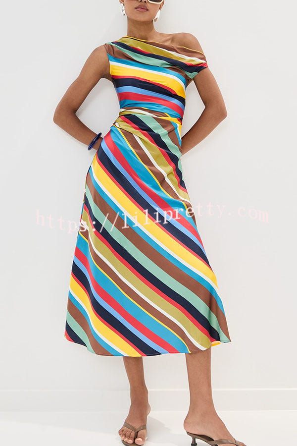 Sunkissed Satin Colourful Stripe Print One Shoulder Midi Dress