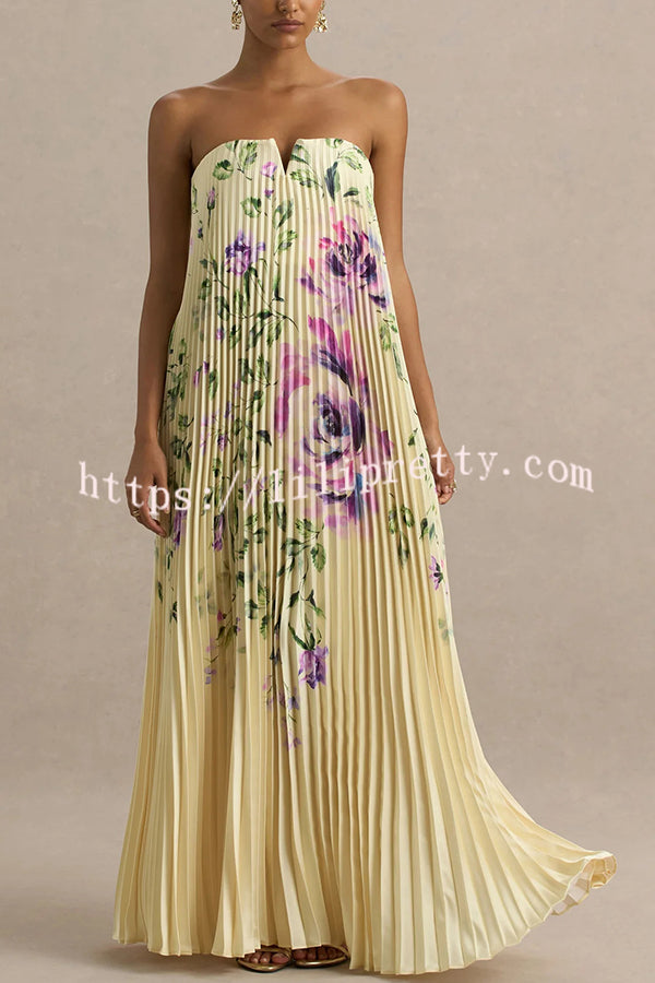 For Every Occasion Satin Pleated Floral Print V-wire Bandeau Neck Maxi Dress