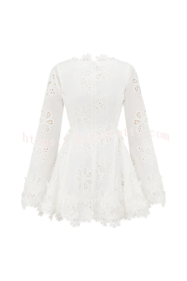Diaz Embroidery Hollow Fabric Delicate Flower Trim Long Sleeve Side Lace-up Mini Dress