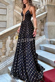 Charming View Chiffon Gold Polka Dot Print Cutout Lightweight Maxi Dress