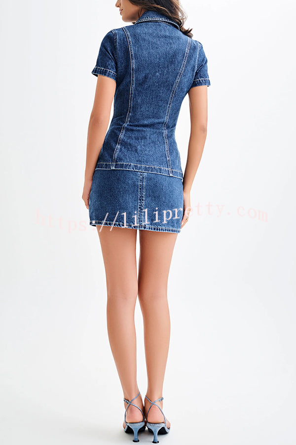 Modern Flavor Denim Short Sleeve Button Up Princess Seams Stretch Top