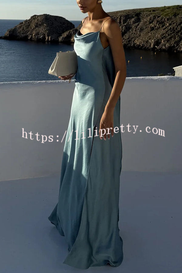 Flowing Elegance Satin Draped Neck Backless Ruffle Slit Maxi Dress