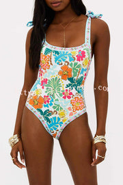 Lilipretty® Tropical Sands Floral Unique Print Tie-up Shoulder Stretch One-piece Swimsuit