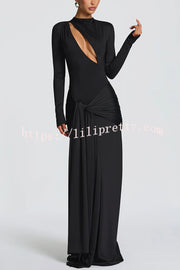 Sexy Cutout Fitted Long-sleeved Pleated Satin Ribbon Maxi Dresses