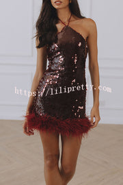 Chic City Sequin Faux Fur Trim Halter Tie-up Mini Dress