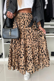 Unique and Comfortable Leopard Print Elastic Waist A-line Layered Maxi Skirt