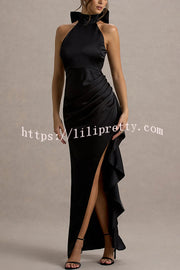Maureen Satin High Neck Ruched Ruffle Slit Draped Maxi Dress