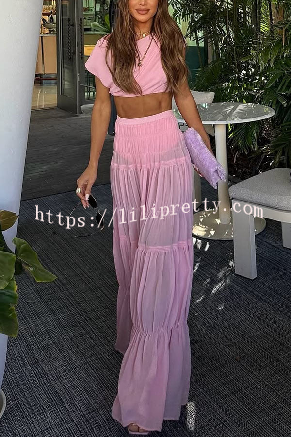 Stunning Chiffon Ruched Shoulder Short Sleeve Crop Top