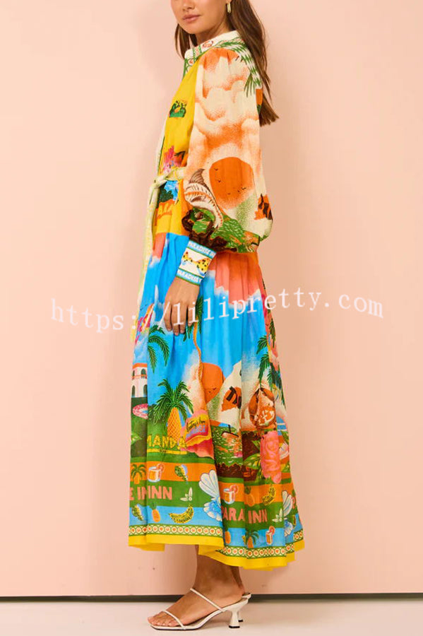 Lilipretty A World of Colour Unique Print Balloon Sleeve Belt Shirt Midi Dress