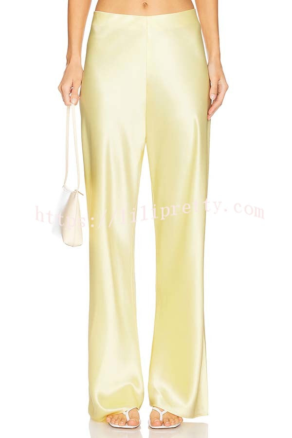 Odessa Satin Floral Lace Hem Strapless Tank and Mid Rise Wide Leg Pants Set