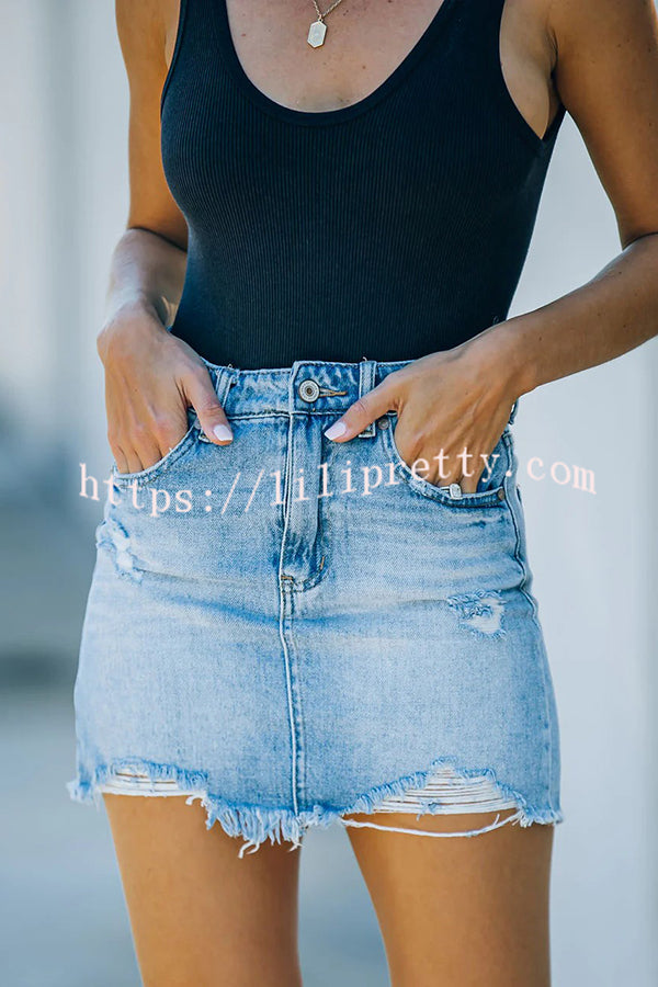 Lilipretty Ripped Frayed Pocket Denim Skirt