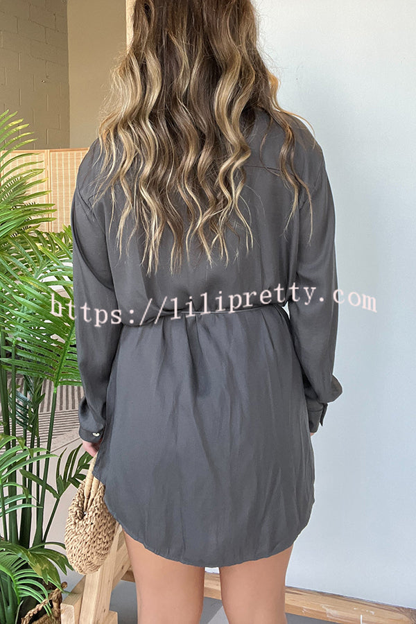 Solid Color Long Sleeve Button Casual Shirt-Style Rompers