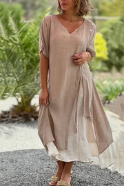 Fashion V-neck Short-sleeved Asymmetric Loose Midi Dress