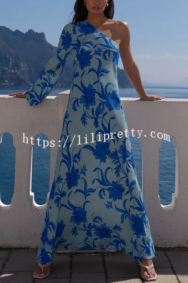 Satin Botanical Print One-Sleeve Resort Maxi Dress