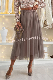 Holiday Party Tulle High Rise Elastic Waistband A-line Midi Skirt