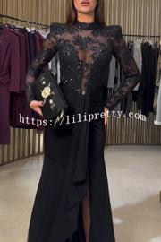 Fenna Sheer Floral Sequin Shoulder Pads Long Sleeve Drape Slit Maxi Dress