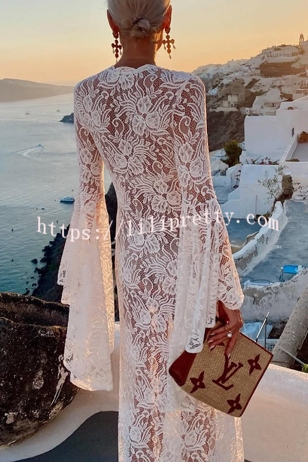 Dream Love Floral Lace Bell Sleeve V-neck Slit Maxi Dress