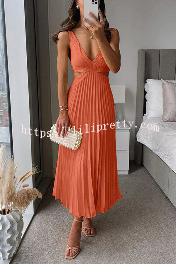 Summer Social Stain Pleated Cutout Waist Loose Midi Dress