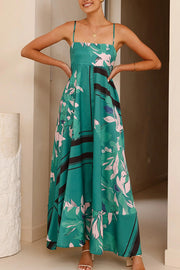 Botanical Print Square Neck Suspender Casual Full Hem Maxi Dress