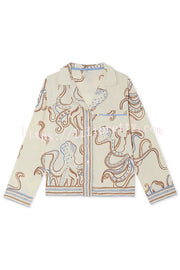 Calm Seas Line Octopus Unique Print Loose Shirt and Elastic Waist Pocketed Pajama Set