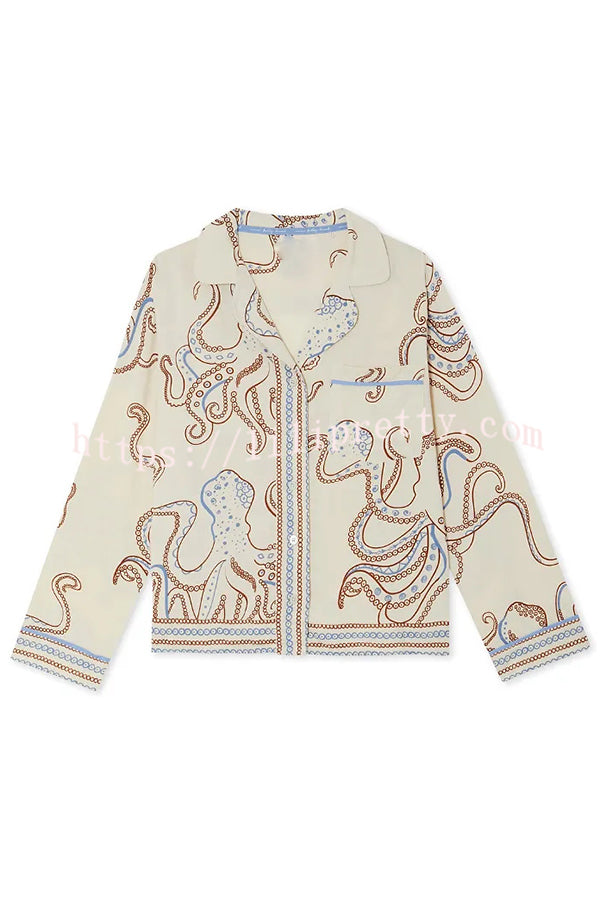 Calm Seas Line Octopus Unique Print Loose Shirt and Elastic Waist Pocketed Pajama Set