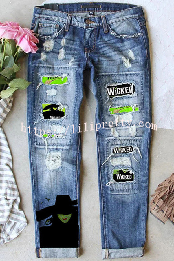 Black Girly Print Zip Button Washed Jeans