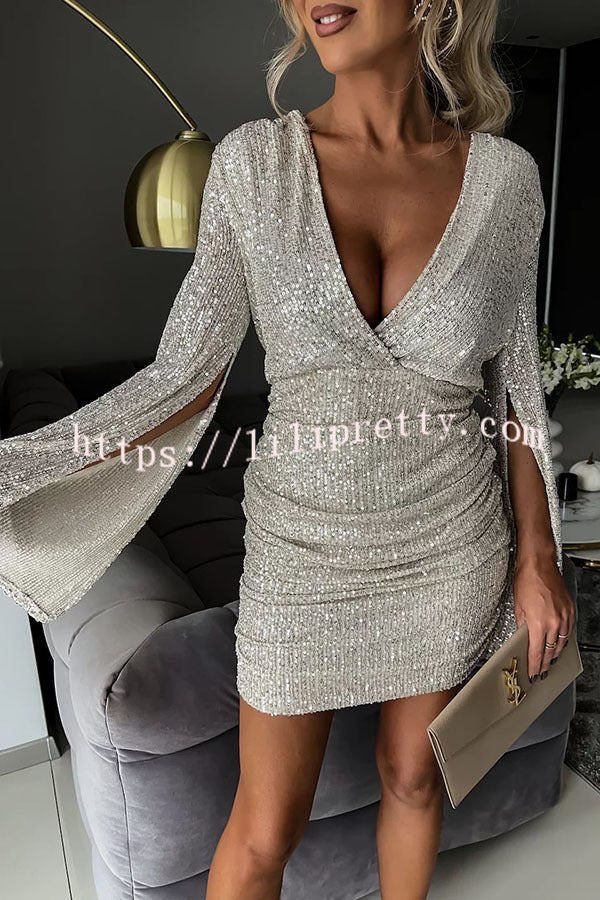 Lilipretty Outshining Everyone Sequin Cape Sleeve Ruched Backless Mini Dress