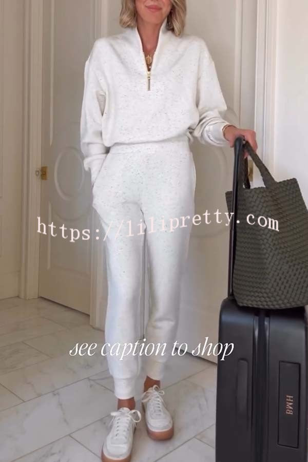 Ivory Marl Fleck Half-Zip Neck Long Sleeve Sweatshirt and Elastic Waist Pocket Jogger Set