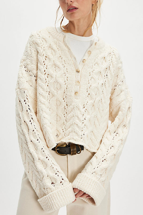 Solid Color Loose-fitting Openwork Long-sleeved Knit Sweater