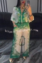 Unique Printed Casual Long-sleeved Loose Top and Elastic Waist Pocket Wide-leg Pants Set