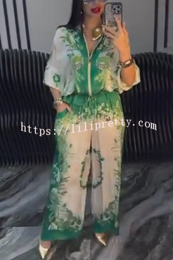 Unique Printed Casual Long-sleeved Loose Top and Elastic Waist Pocket Wide-leg Pants Set