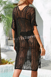 Knitted Hollow V Neck Tie Slit Cover Up
