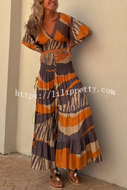 Lilipretty® Raya Colorblock Print Bell Sleeve Crop Top and Smocked Waist Button Maxi Skirt Set