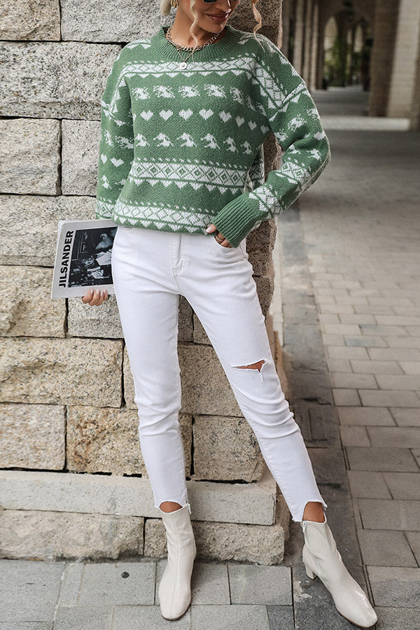 Christmas Geometric Round Neck Long Sleeve Loose Knitted Sweater