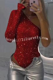 Solid Color Sequined One-shoulder Slim-fit Rompers