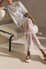 Ophelia Short Sleeve Sheer Floral Lace Hem Oversized T-shirt Maxi Dress