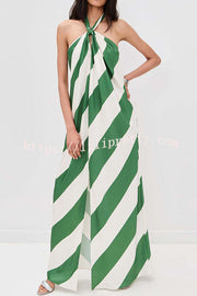 Most Dreamy Stripe Print Halter Tie-up Backless Pocket Loose Maxi Dress