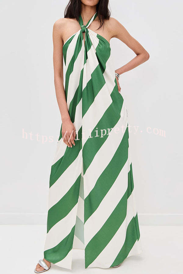 Most Dreamy Stripe Print Halter Tie-up Backless Pocket Loose Maxi Dress