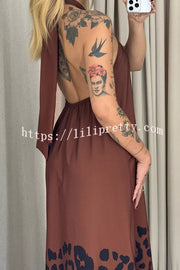 Leopard Print Sexy Halter Neck Backless Loose Maxi Dress