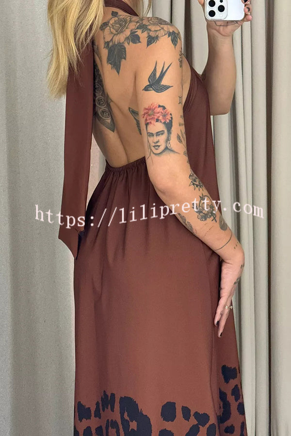 Leopard Print Sexy Halter Neck Backless Loose Maxi Dress