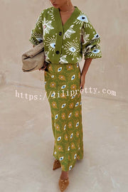 Mysterious Magic Knit Eye Heart Pattern Button Up Long Sleeve Loose Cardigan